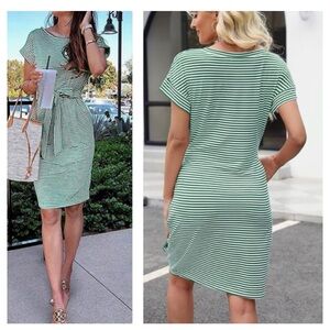 Elegant Green white Striped Dress